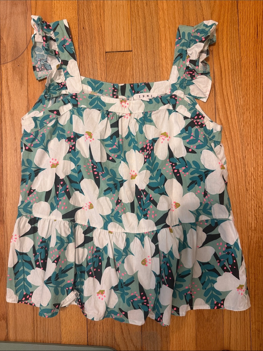 THML Teal Floral Ruffle Strap Dress with White Blooms